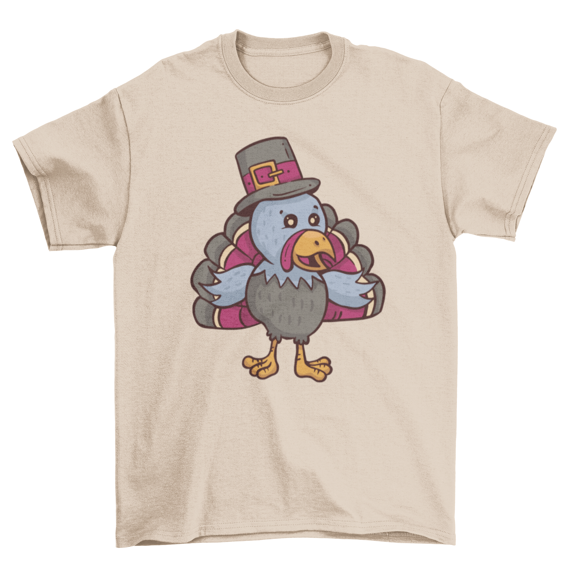 A colorful cartoon t-shirt design featuring a turkey dressed as a pilgrim, perfect for Thanksgiving celebrations.