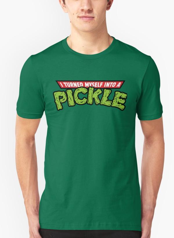 A vibrant green t-shirt featuring a quirky pickle design, made from 100% soft cotton, perfect for casual wear.