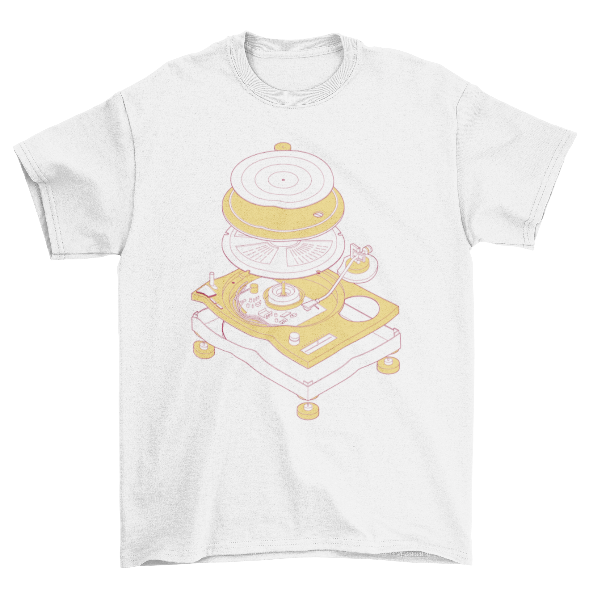 A stylish t-shirt featuring an exploded view graphic of a turntable, showcasing its intricate components and design.
