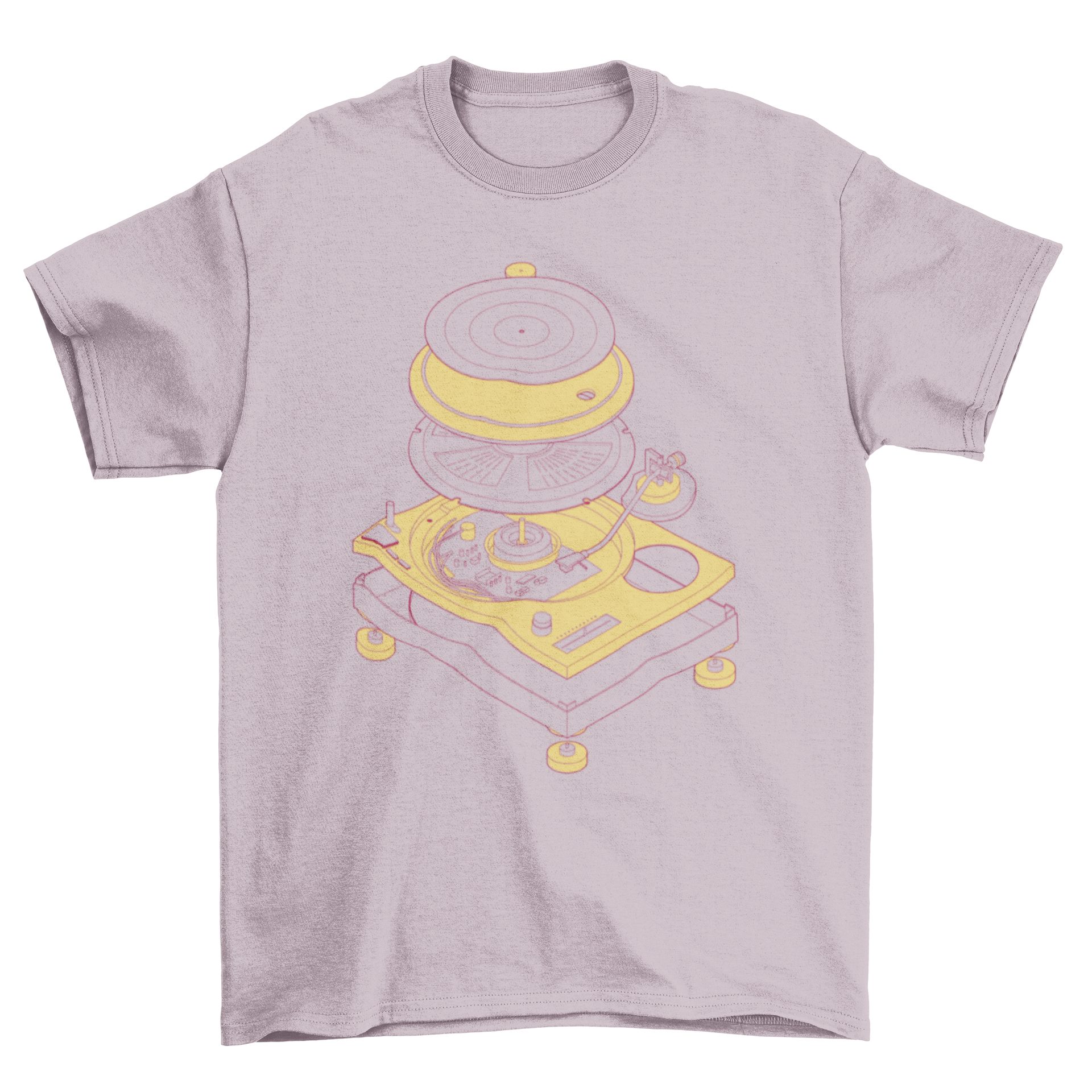A stylish t-shirt featuring an exploded view graphic of a turntable, showcasing its intricate components and design.