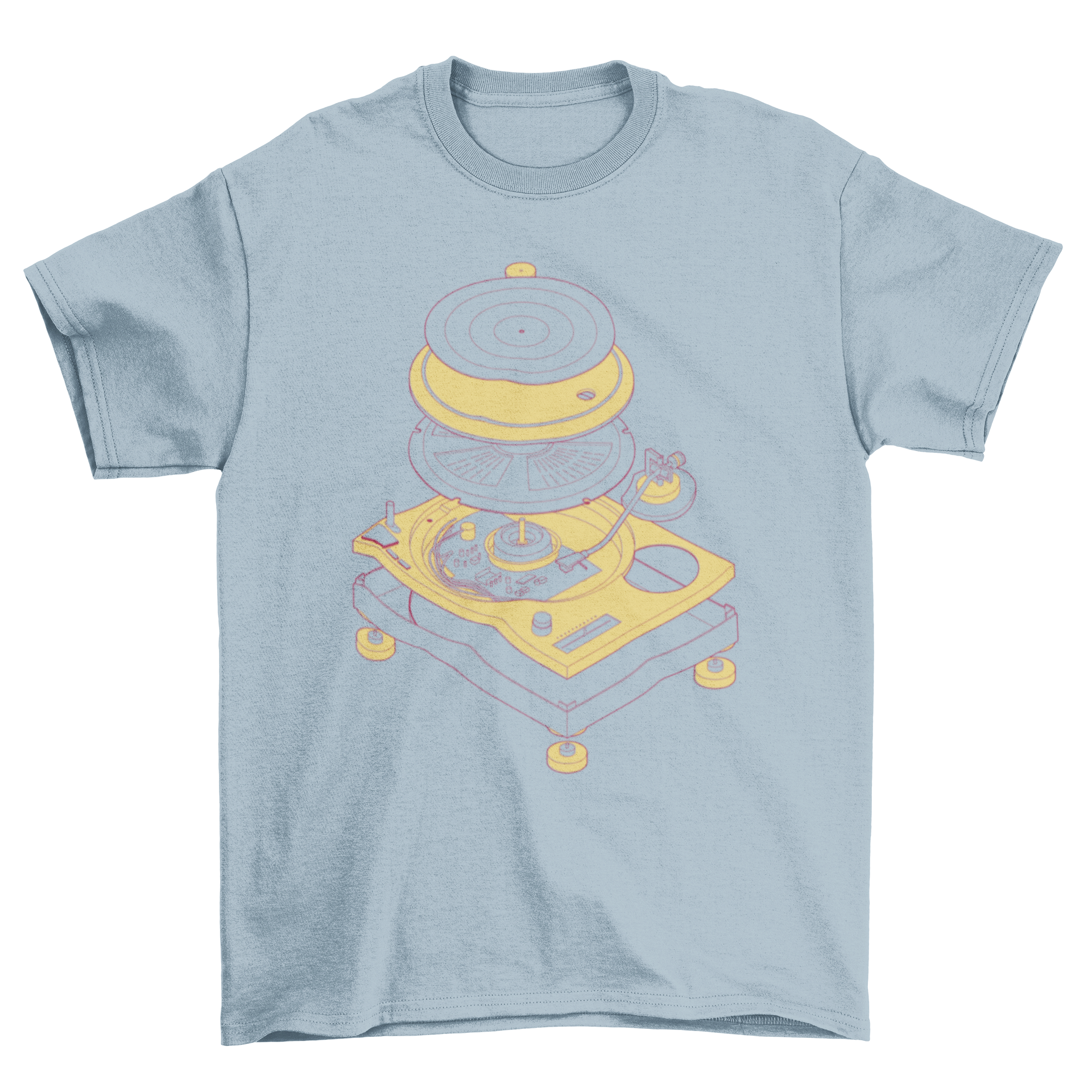 A stylish t-shirt featuring an exploded view graphic of a turntable, showcasing its intricate components and design.