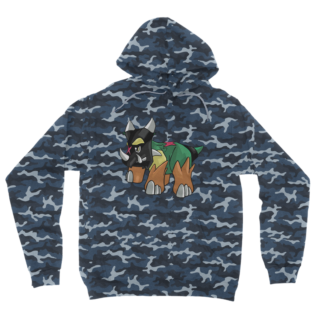 Turroxosaurus Camouflage Adult Hoodie featuring a classic camo print, double fabric hood, and kangaroo pouch pocket.
