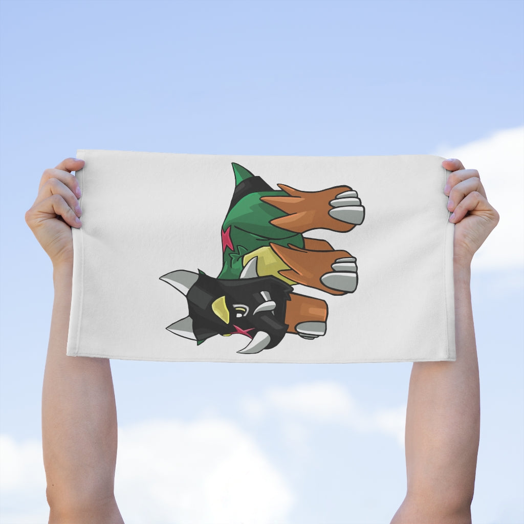 Turroxosaurus Rally Towel featuring soft mink polyester front and absorbent cotton backing, measuring 11x18 inches.