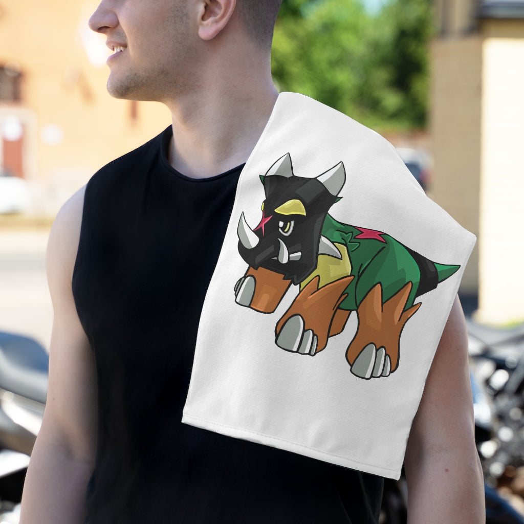 Turroxosaurus Rally Towel featuring soft mink polyester front and absorbent cotton backing, measuring 11x18 inches.