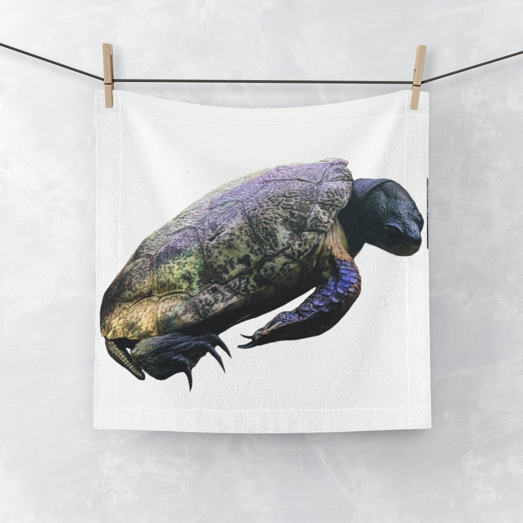 A vibrant Turtle Face Towel featuring a customizable polyester front and soft cotton back, perfect for personal use or as a gift.