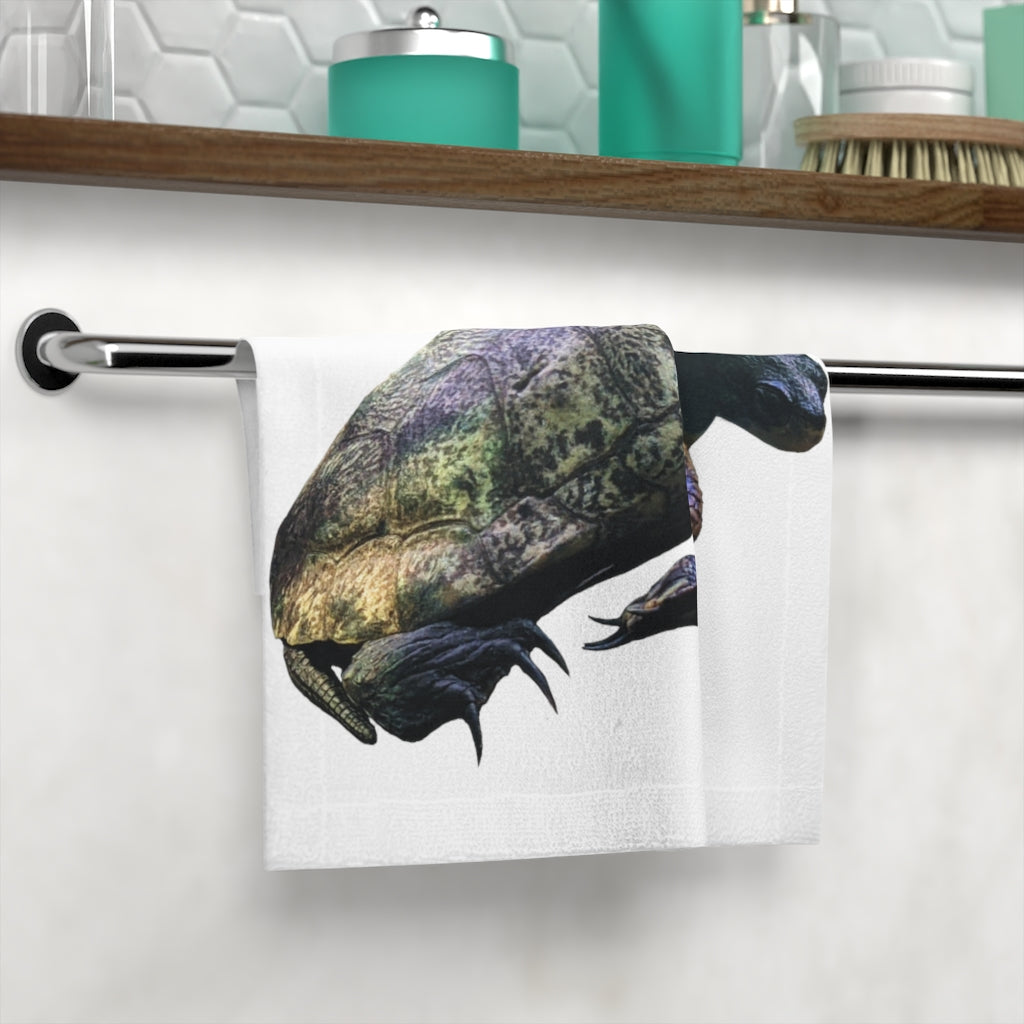 A vibrant Turtle Face Towel featuring a customizable polyester front and soft cotton back, perfect for personal use or as a gift.