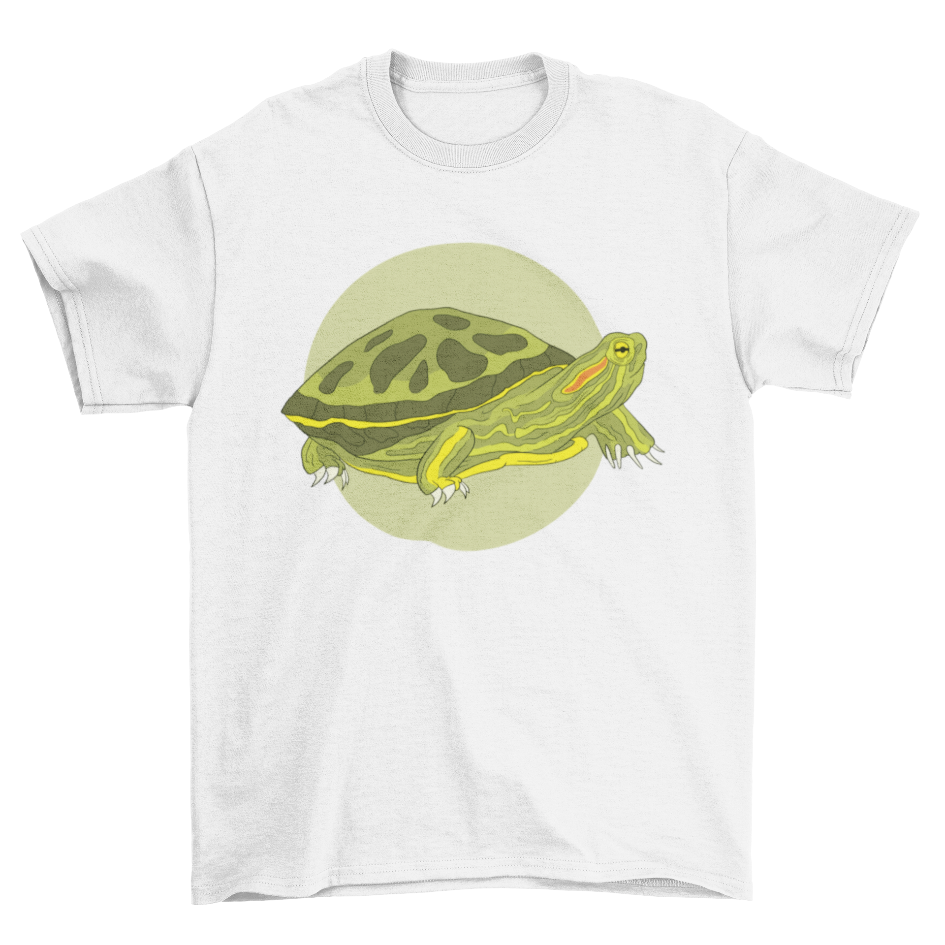 A vibrant t-shirt featuring a detailed illustration of a red-eared slider turtle, showcasing its colorful shell and unique features.