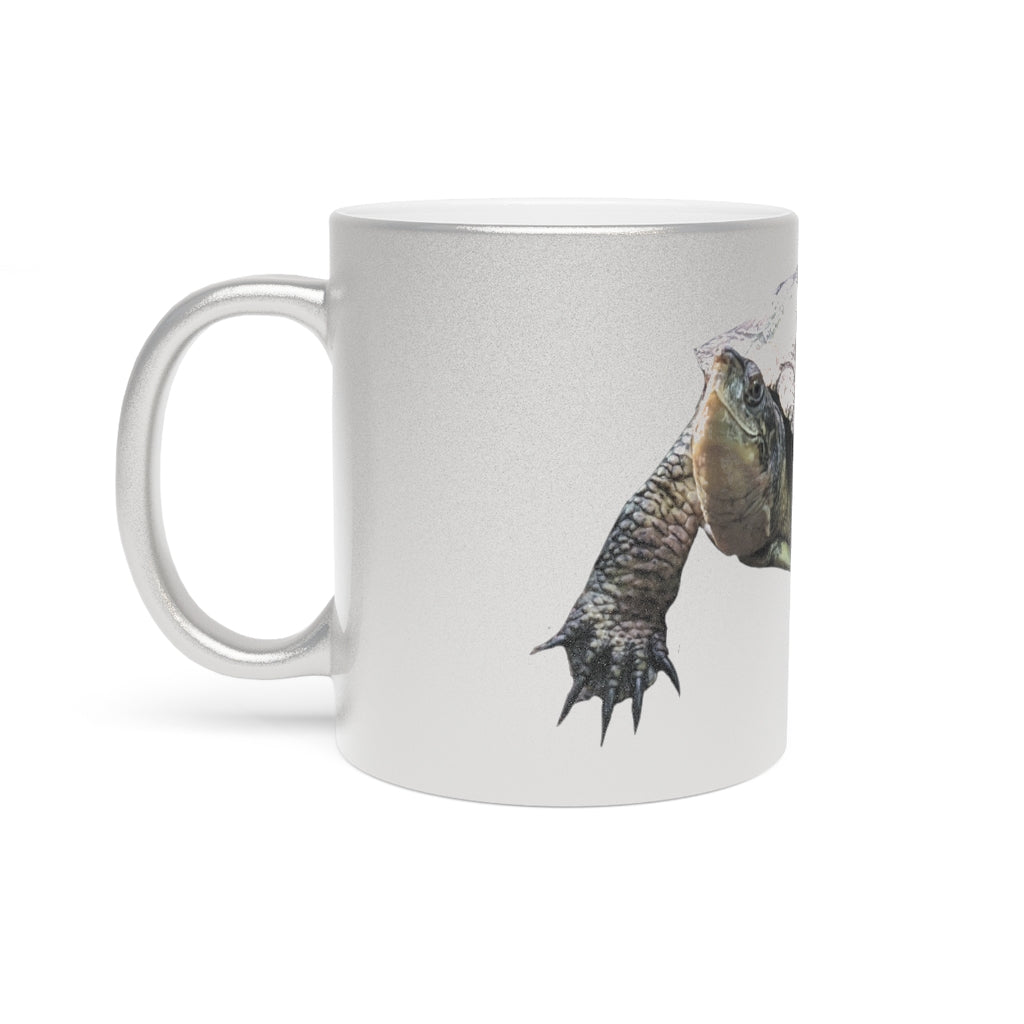 Turtle Metallic Mug in Silver and Gold with personalized designs, showcasing a shiny ceramic finish and comfortable C-handle.