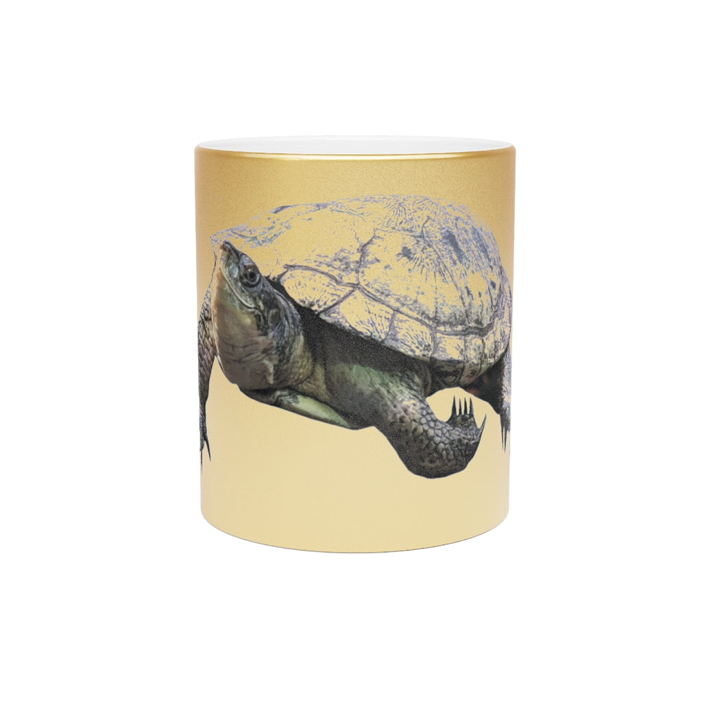 Turtle Metallic Mug in Silver and Gold with personalized designs, showcasing a shiny ceramic finish and comfortable C-handle.