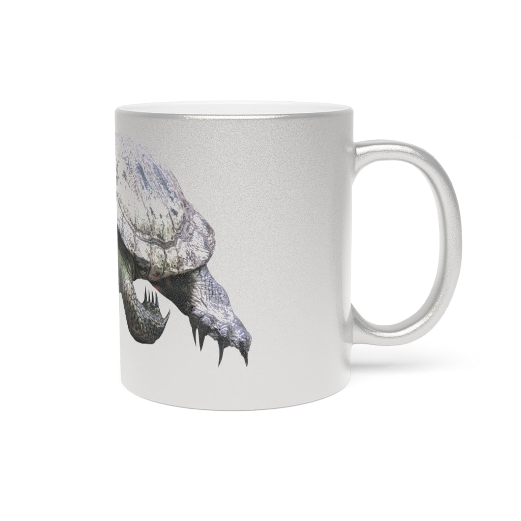 Turtle Metallic Mug in Silver and Gold with personalized designs, showcasing a shiny ceramic finish and comfortable C-handle.
