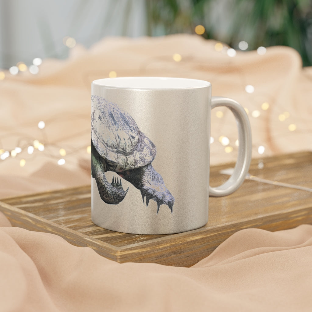 Turtle Metallic Mug in Silver and Gold with personalized designs, showcasing a shiny ceramic finish and comfortable C-handle.