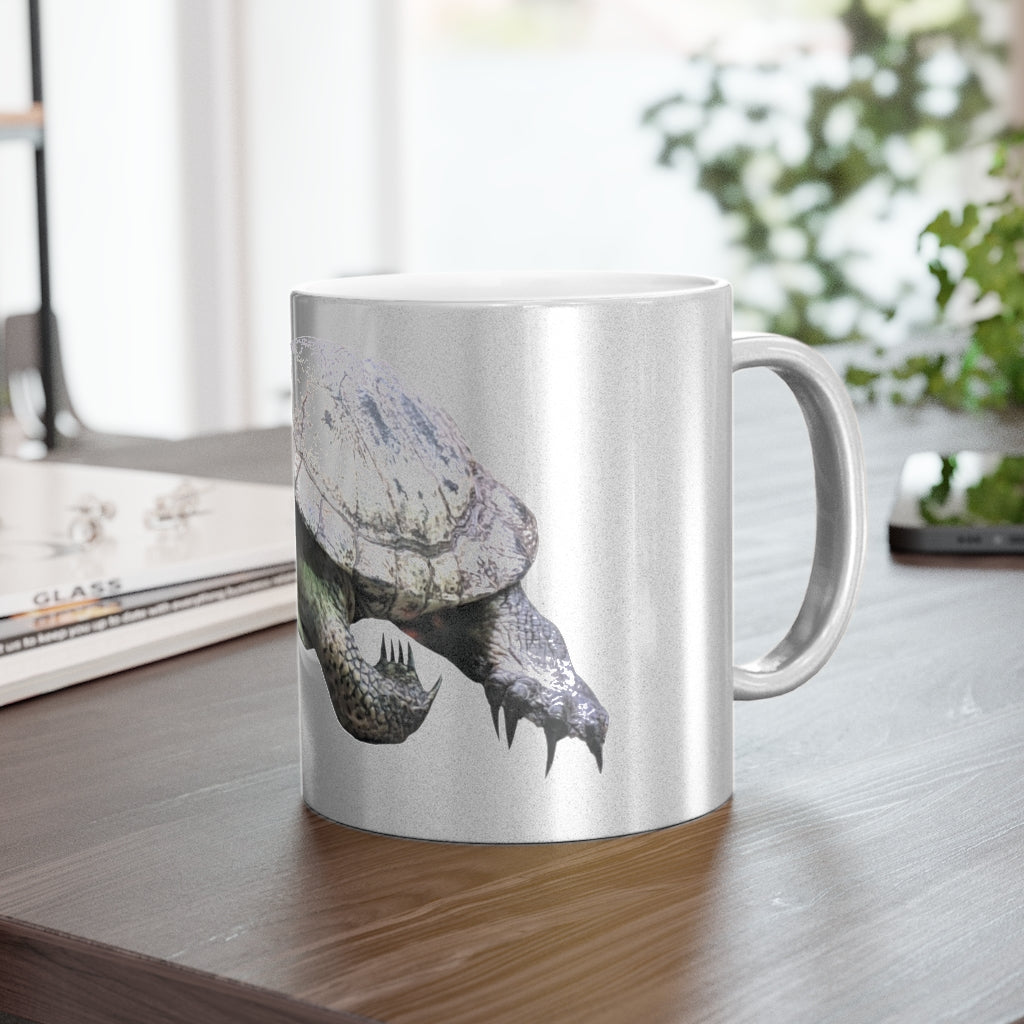 Turtle Metallic Mug in Silver and Gold with personalized designs, showcasing a shiny ceramic finish and comfortable C-handle.