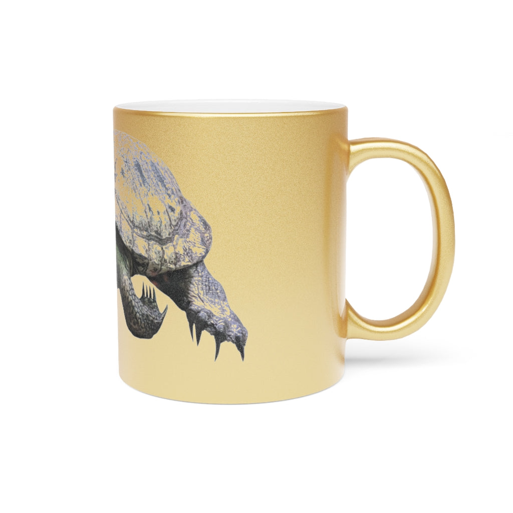 Turtle Metallic Mug in Silver and Gold with personalized designs, showcasing a shiny ceramic finish and comfortable C-handle.