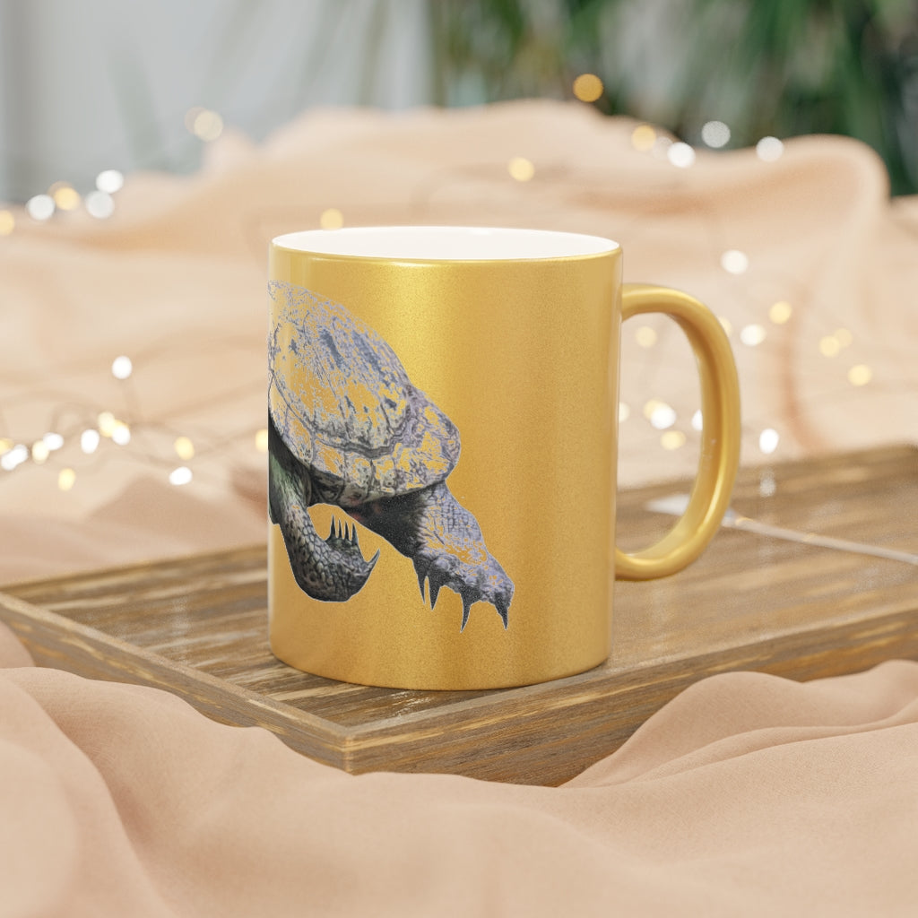 Turtle Metallic Mug in Silver and Gold with personalized designs, showcasing a shiny ceramic finish and comfortable C-handle.