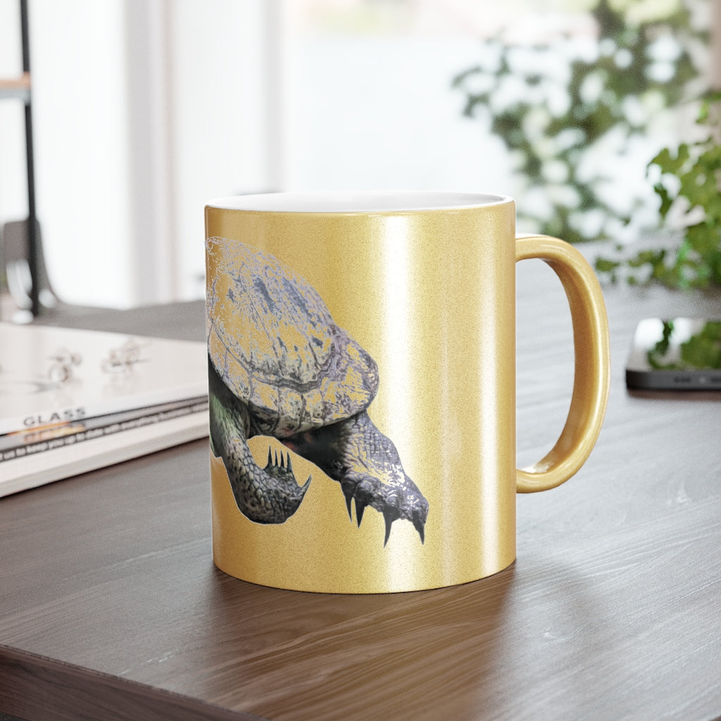Turtle Metallic Mug in Silver and Gold with personalized designs, showcasing a shiny ceramic finish and comfortable C-handle.