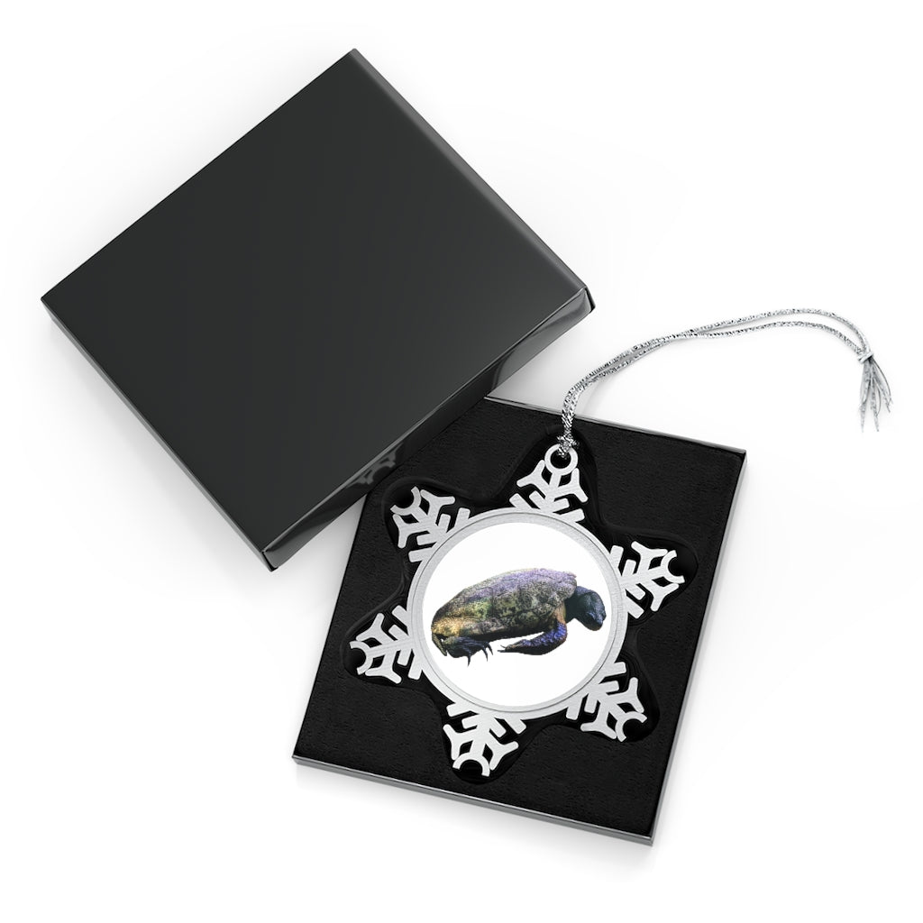 Turtle Pewter Snowflake Ornament with silver-toned hanging string, showcasing intricate snowflake design.