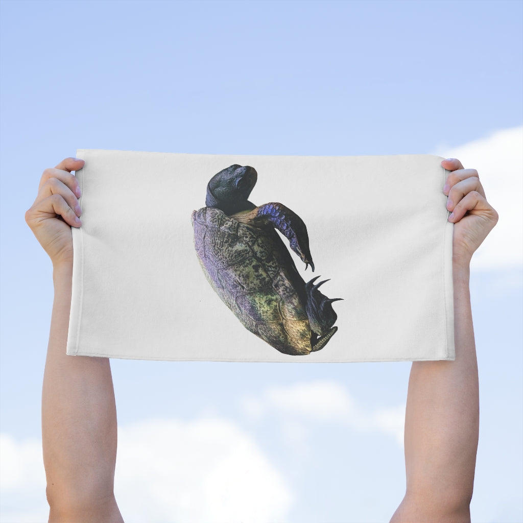 Turtle Rally Towel measuring 11x18 inches, featuring a soft polyester front and absorbent cotton backing, ideal for personalization.