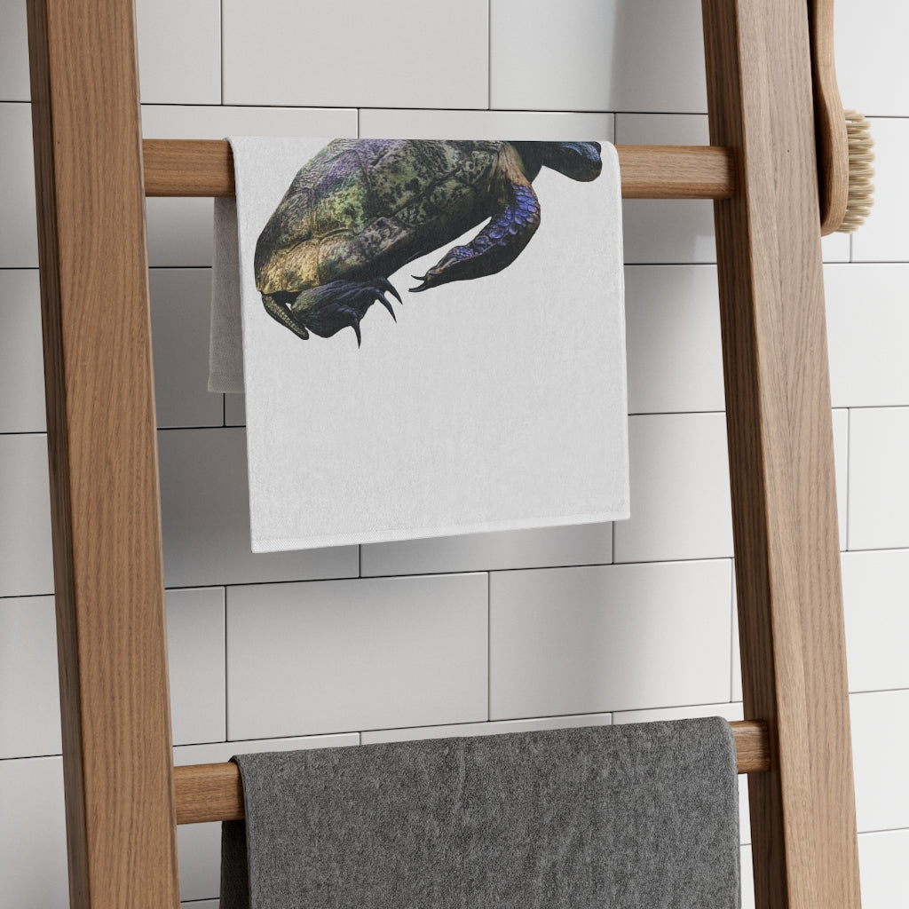 Turtle Rally Towel measuring 11x18 inches, featuring a soft polyester front and absorbent cotton backing, ideal for personalization.