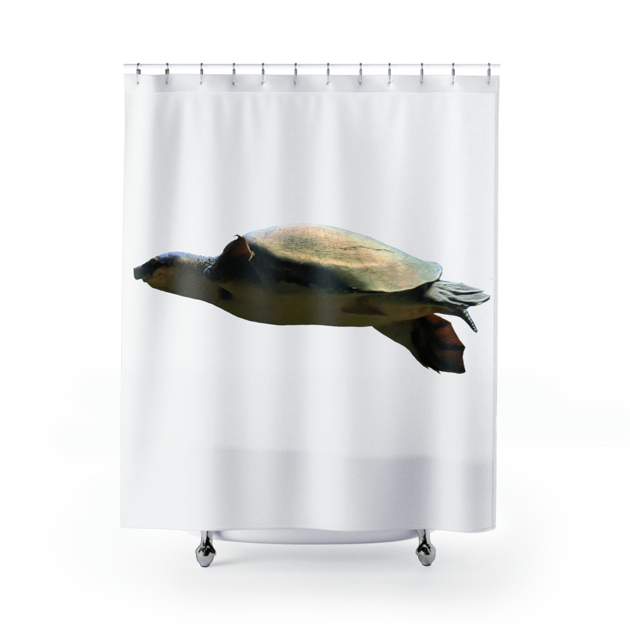 A colorful turtle shower curtain featuring vibrant designs, made from durable polyester, hanging in a stylish bathroom setting.