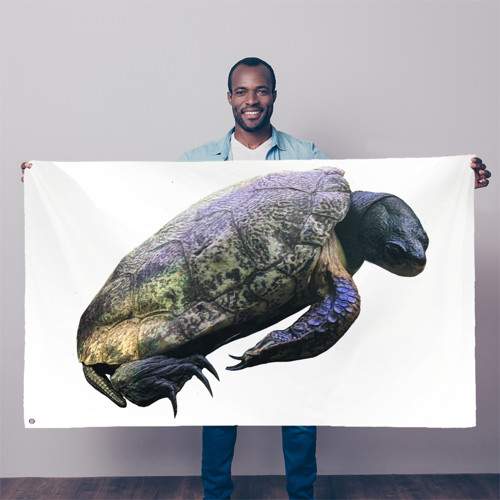 A vibrant Turtle Sublimation Flag measuring 5FT X 3FT, made from durable polyester with double-stitched edges and two eyelets for easy hanging.