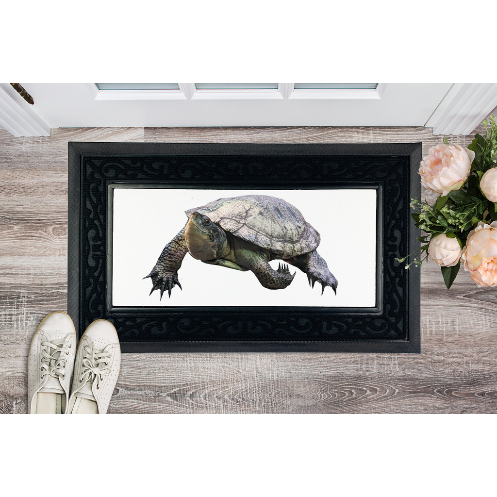 Turtle Sublimation Heavy Duty Door Mat with a removable fabric center and non-slip rubber base, featuring a classy brush border design.