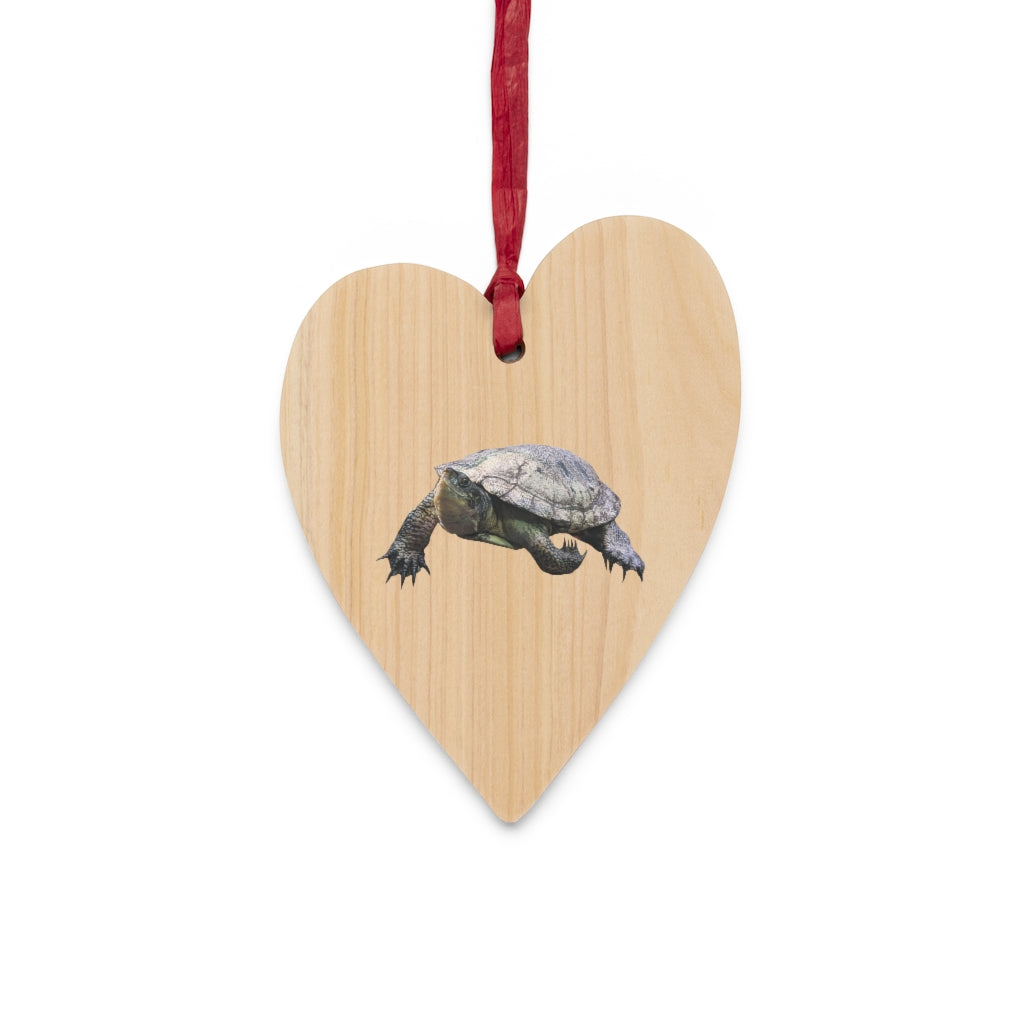 A collection of Turtle Wooden Christmas Ornaments in various whimsical shapes, featuring a rustic wooden finish and red ribbons for hanging.