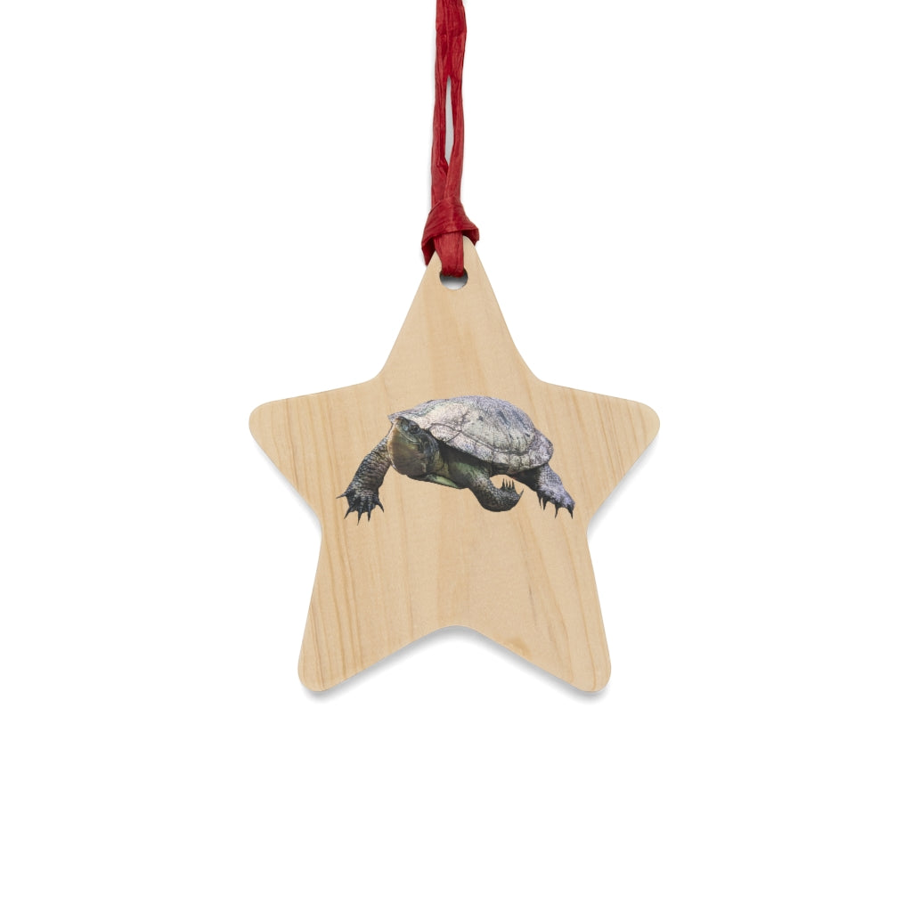 A collection of Turtle Wooden Christmas Ornaments in various whimsical shapes, featuring a rustic wooden finish and red ribbons for hanging.