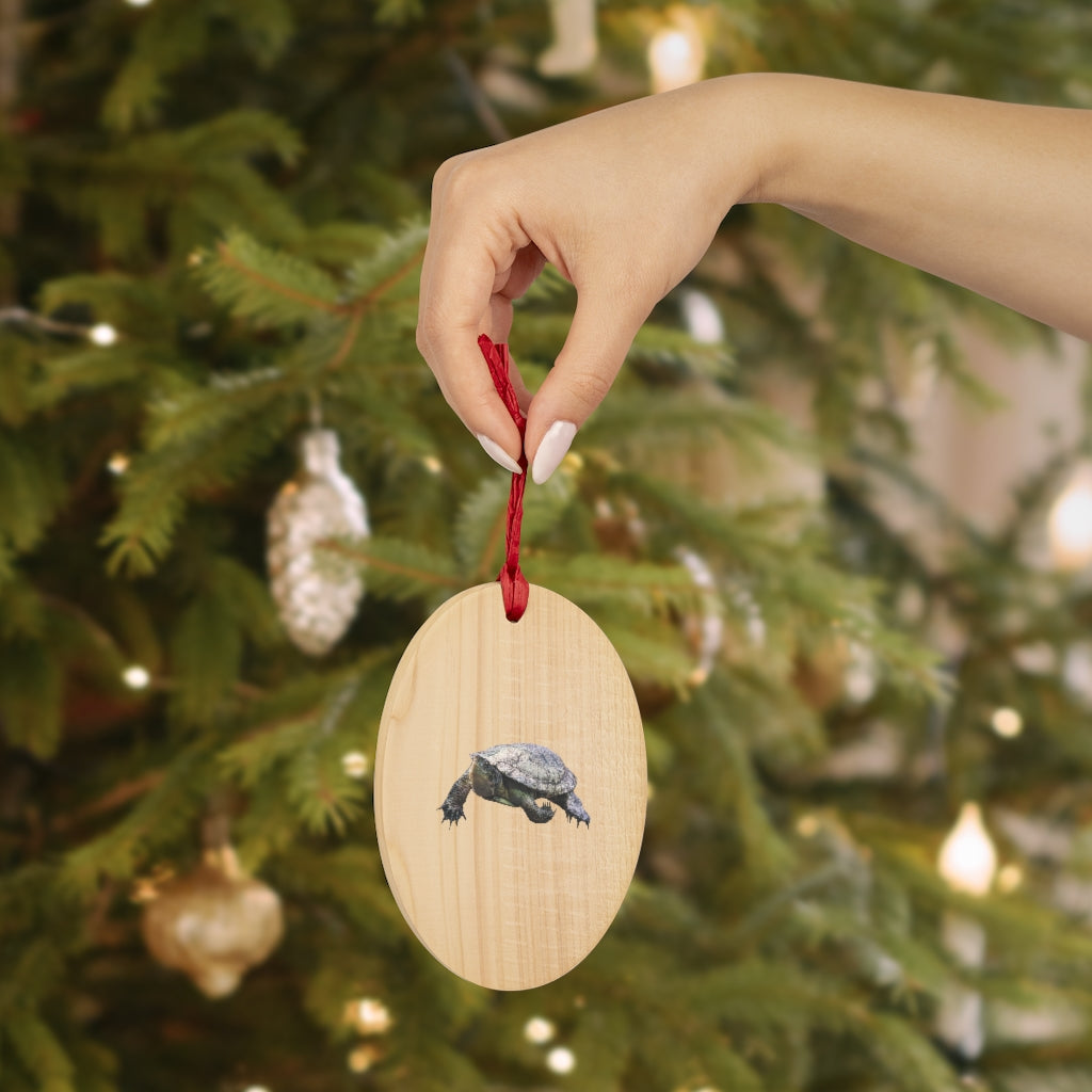 A collection of Turtle Wooden Christmas Ornaments in various whimsical shapes, featuring a rustic wooden finish and red ribbons for hanging.