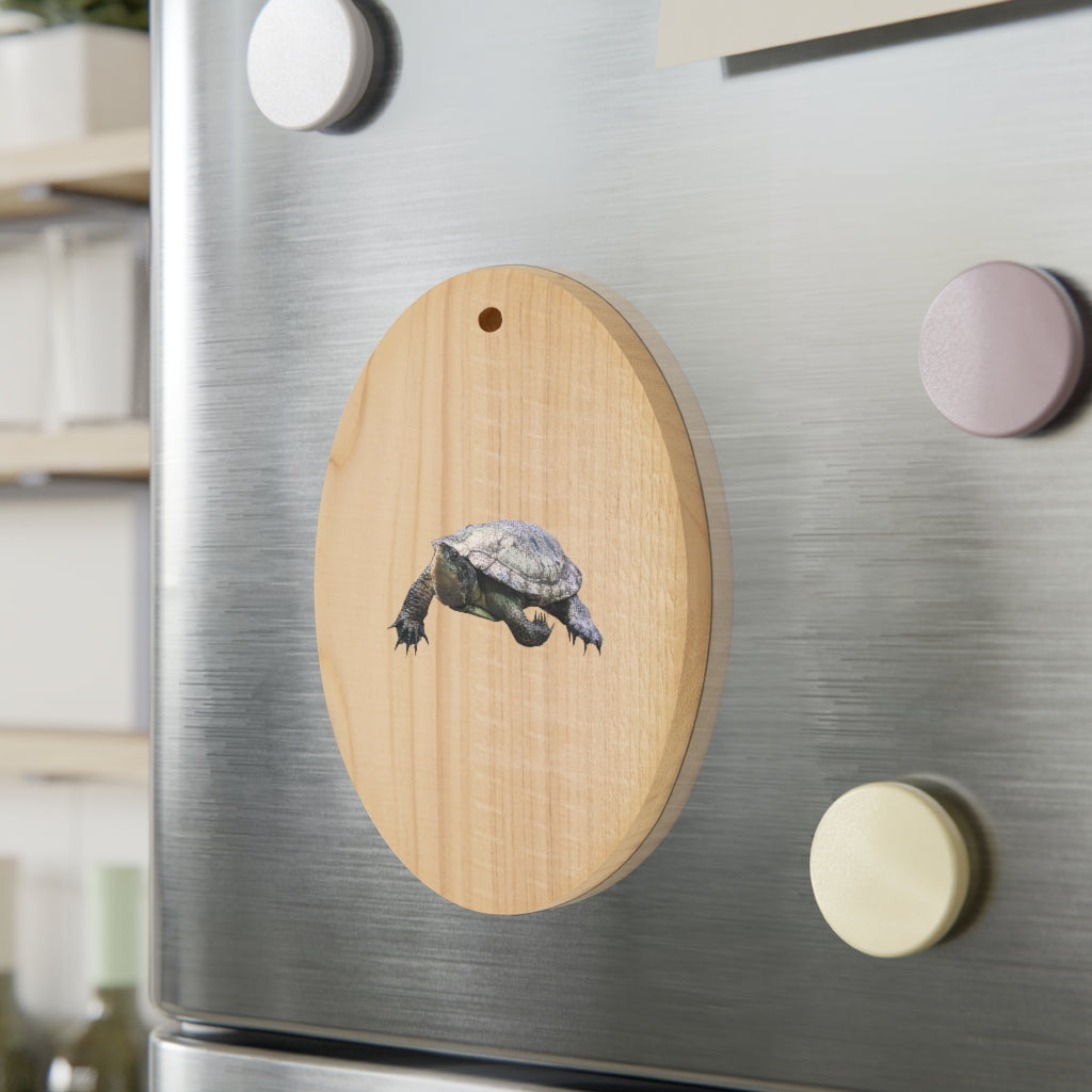 A collection of Turtle Wooden Christmas Ornaments in various whimsical shapes, featuring a rustic wooden finish and red ribbons for hanging.