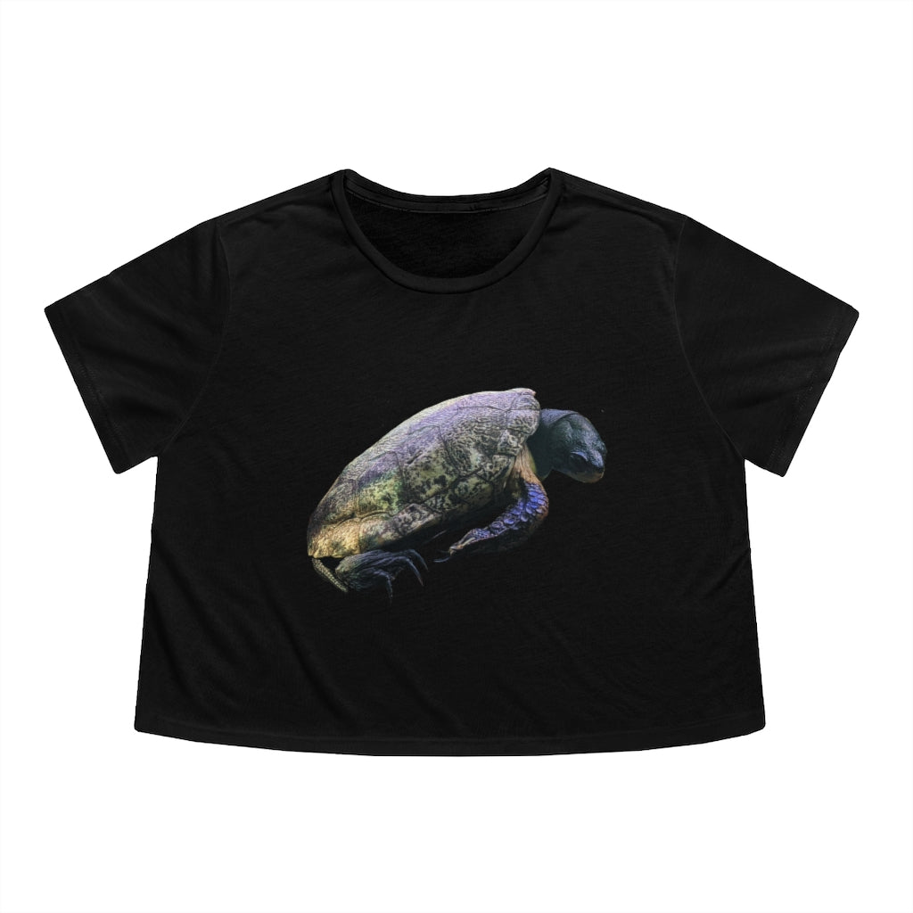 Turtle Women's Flowy Cropped Tee in various colors, showcasing its soft fabric and stylish design.