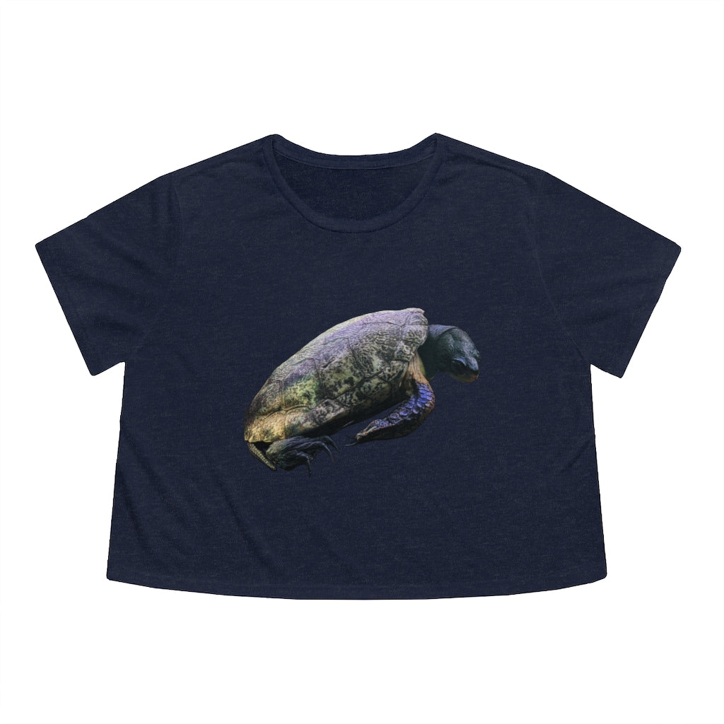 Turtle Women's Flowy Cropped Tee in various colors, showcasing its soft fabric and stylish design.