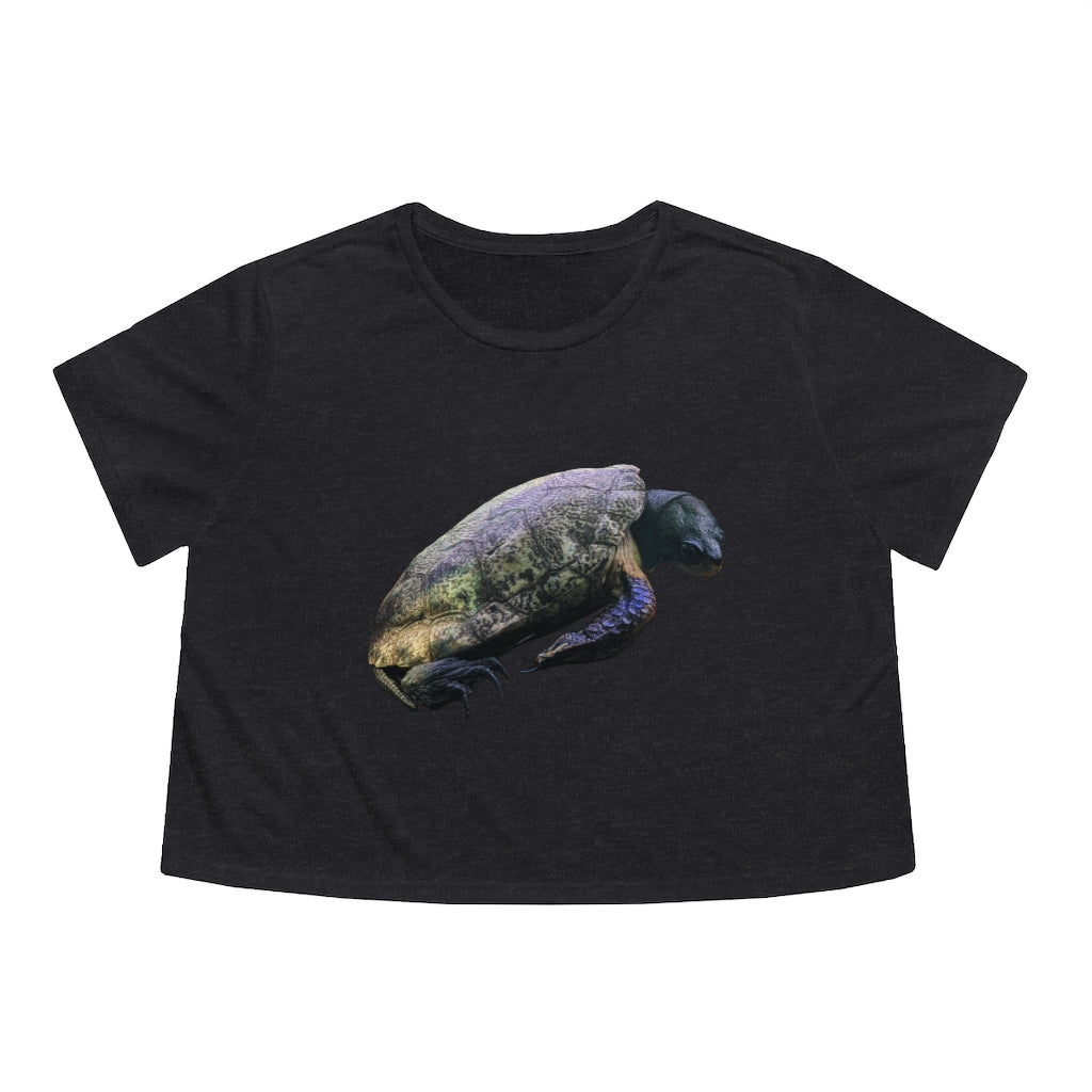 Turtle Women's Flowy Cropped Tee in various colors, showcasing its soft fabric and stylish design.