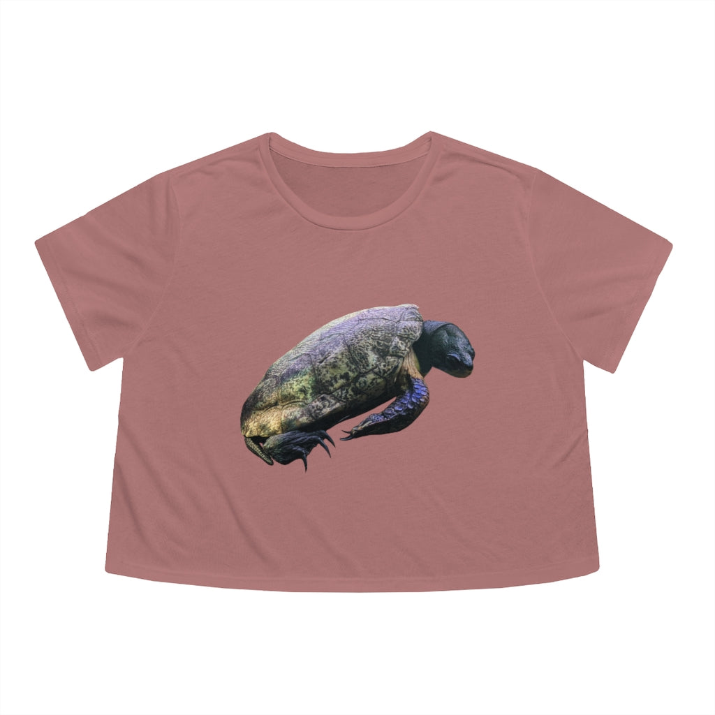Turtle Women's Flowy Cropped Tee in various colors, showcasing its soft fabric and stylish design.