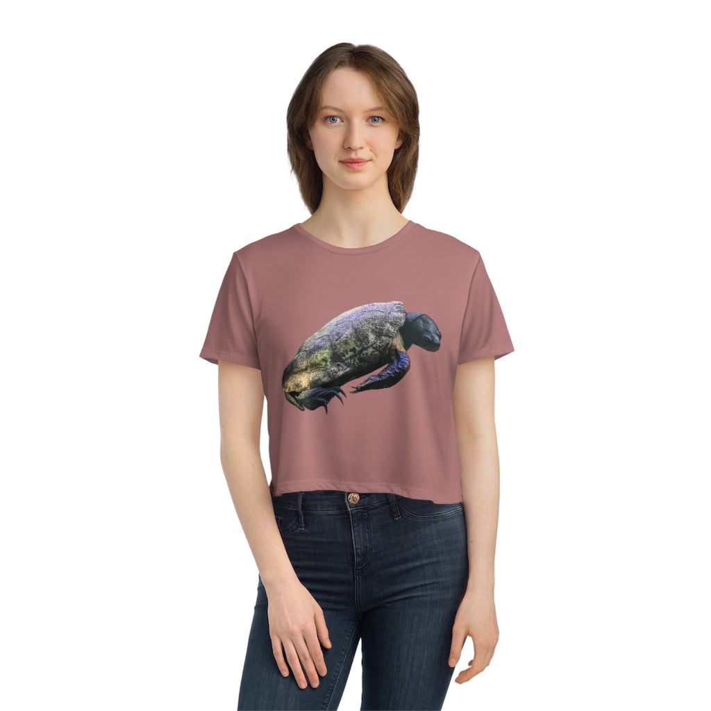 Turtle Women's Flowy Cropped Tee in various colors, showcasing its soft fabric and stylish design.