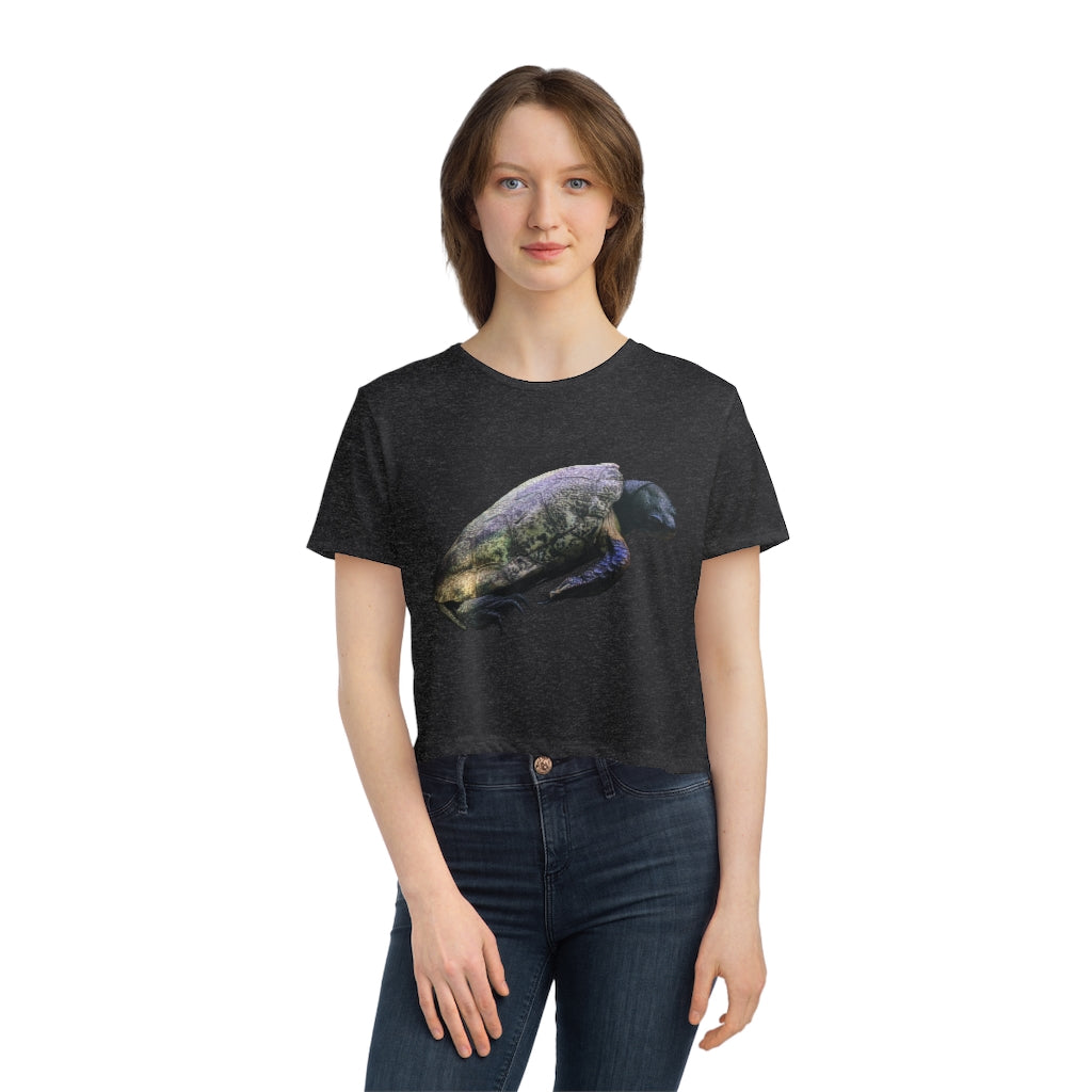 Turtle Women's Flowy Cropped Tee in various colors, showcasing its soft fabric and stylish design.