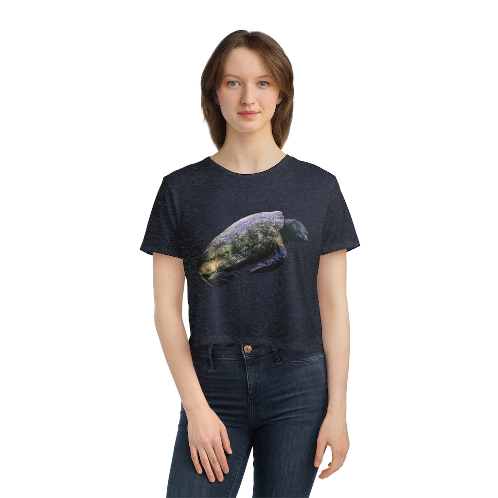 Turtle Women's Flowy Cropped Tee in various colors, showcasing its soft fabric and stylish design.