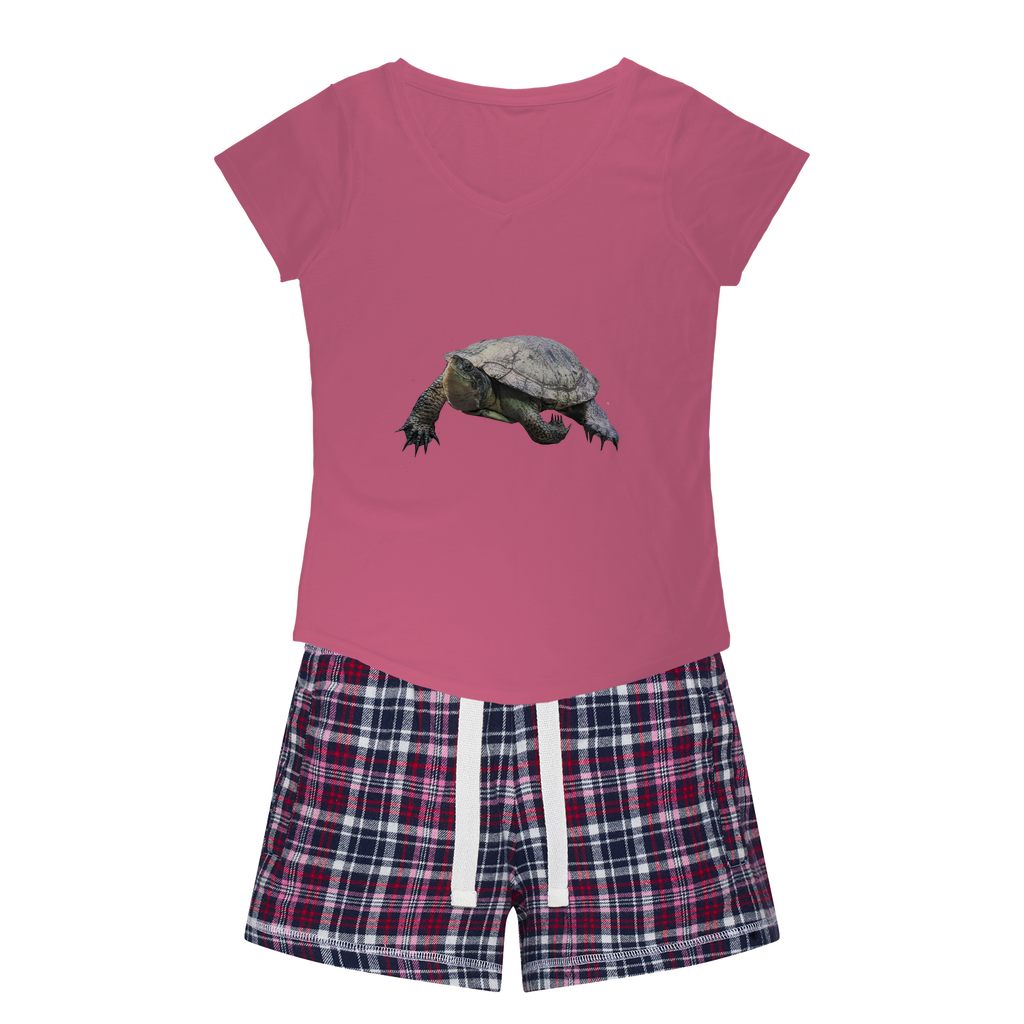 Turtle Women's Sleepy Tee and Flannel Short set featuring a relaxed fit T-shirt and vibrant flannel shorts, perfect for cozy nights.