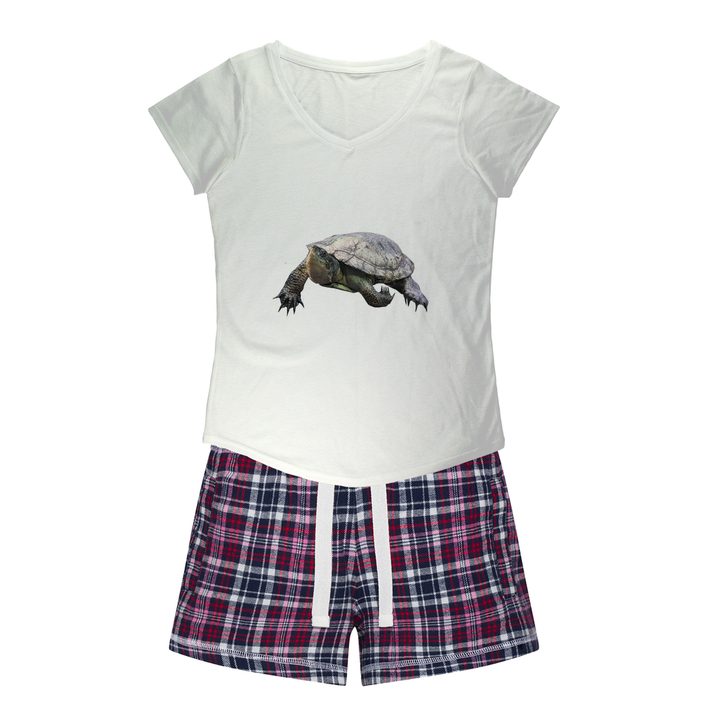 Turtle Women's Sleepy Tee and Flannel Short set featuring a relaxed fit T-shirt and vibrant flannel shorts, perfect for cozy nights.