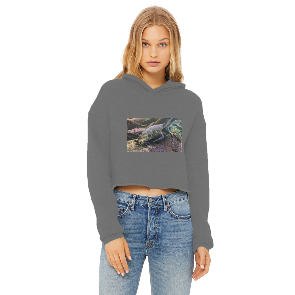 Turtles Ladies Cropped Raw Edge Hoodie in various colors, showcasing its stylish design and soft fabric.