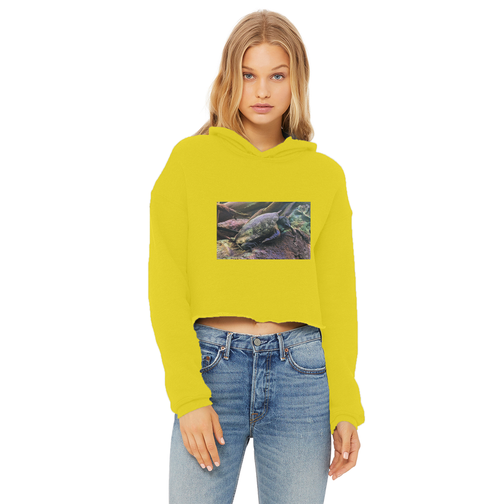 Turtles Ladies Cropped Raw Edge Hoodie in various colors, showcasing its stylish design and soft fabric.