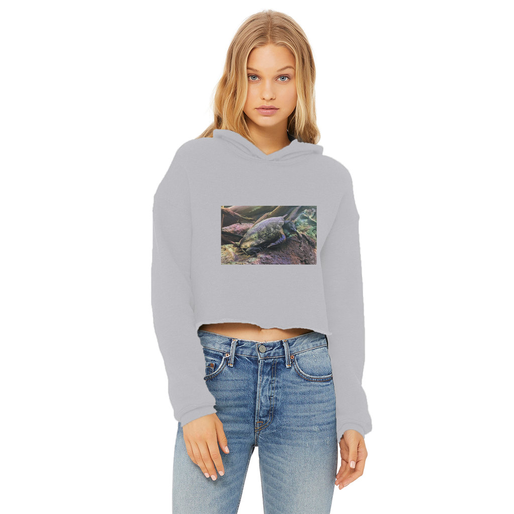 Turtles Ladies Cropped Raw Edge Hoodie in various colors, showcasing its stylish design and soft fabric.