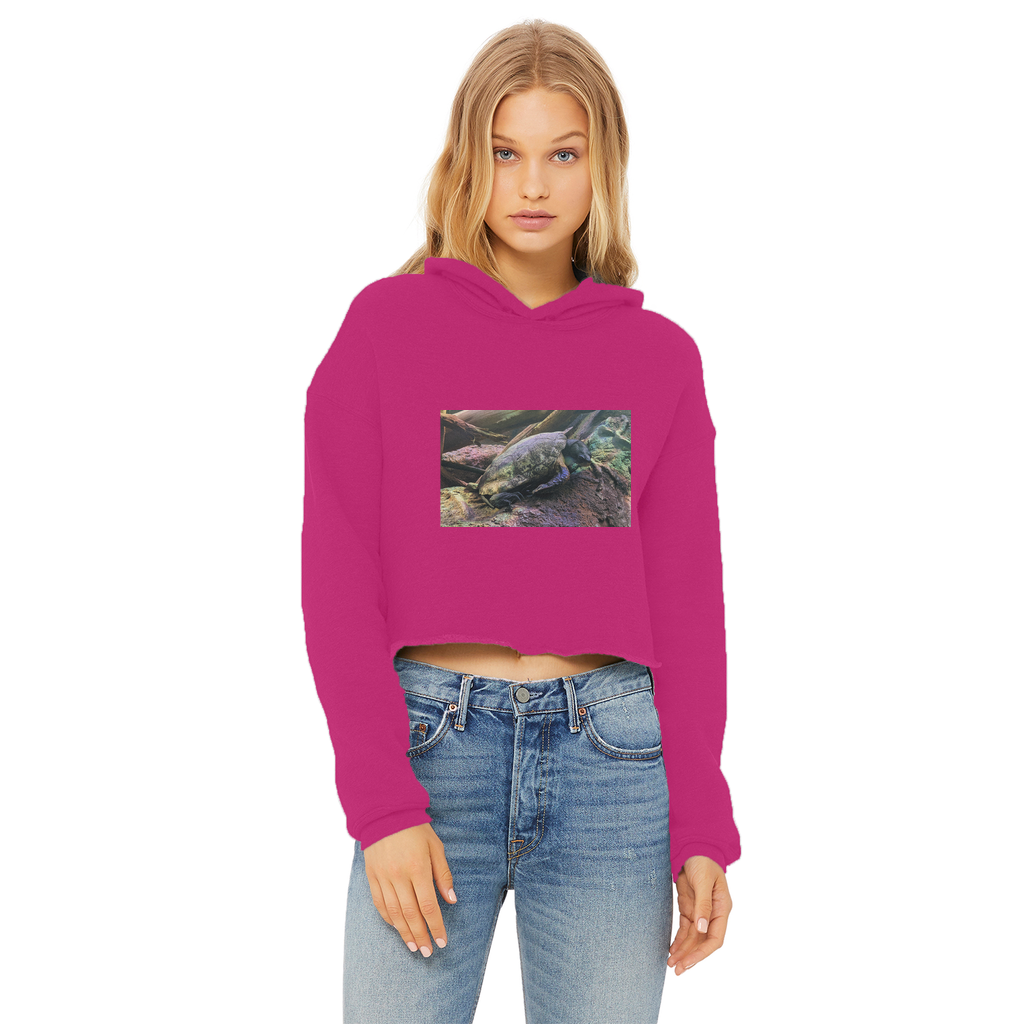 Turtles Ladies Cropped Raw Edge Hoodie in various colors, showcasing its stylish design and soft fabric.