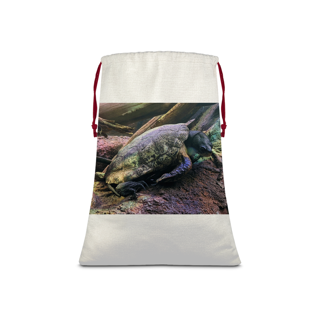 Turtles Sublimation Linen Drawstring Sack with red drawstring, featuring a vibrant turtle design, perfect for Christmas gifts and laundry.
