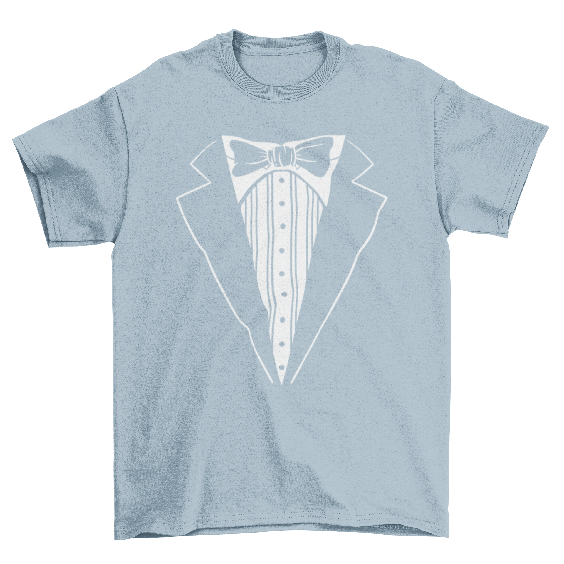 A stylish t-shirt featuring a tuxedo design with a bowtie, perfect for casual events.