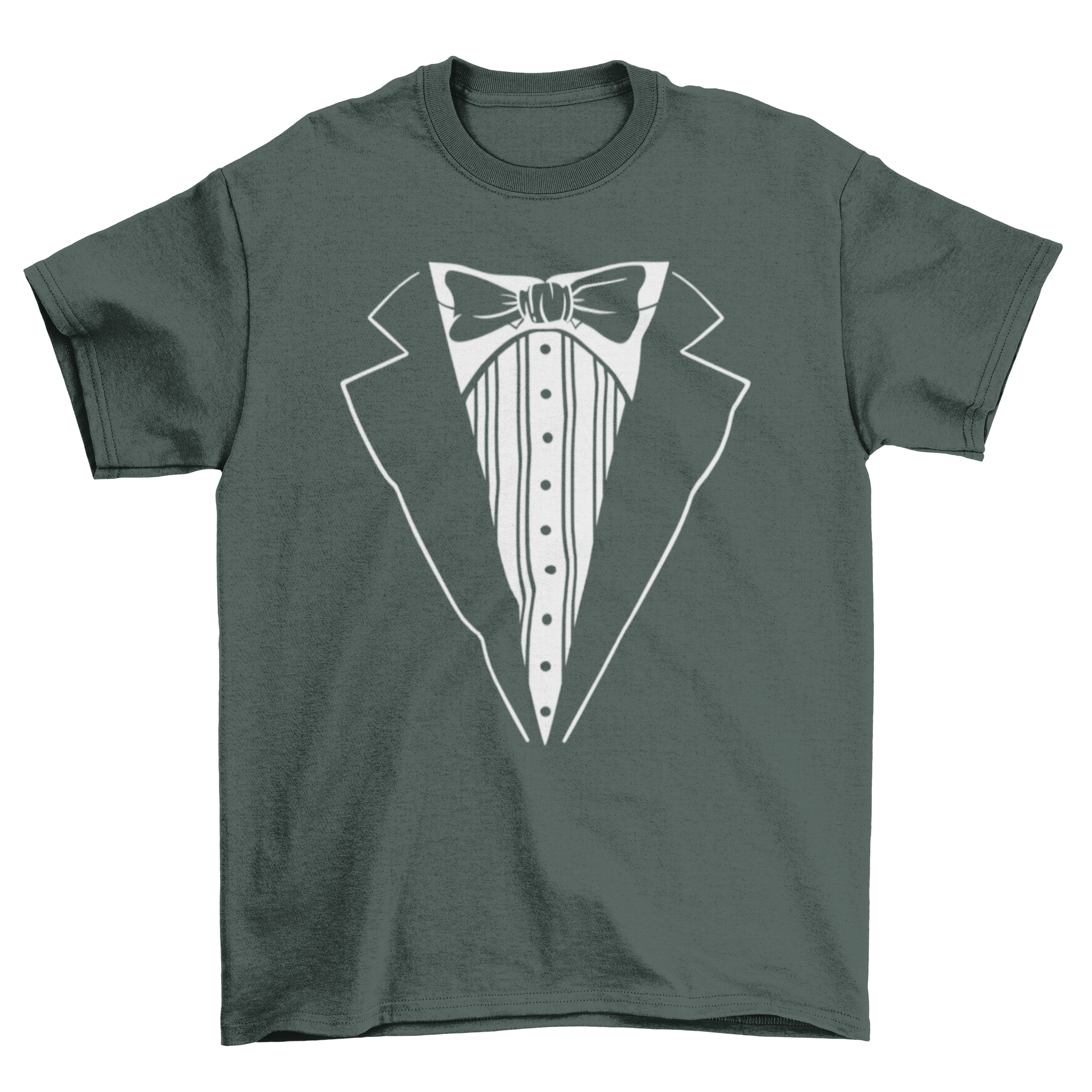 A stylish t-shirt featuring a tuxedo design with a bowtie, perfect for casual events.