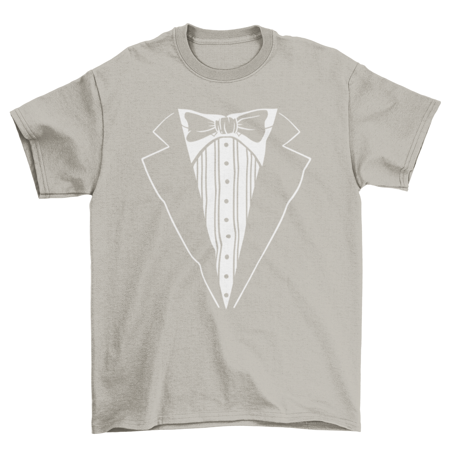 A stylish t-shirt featuring a tuxedo design with a bowtie, perfect for casual events.