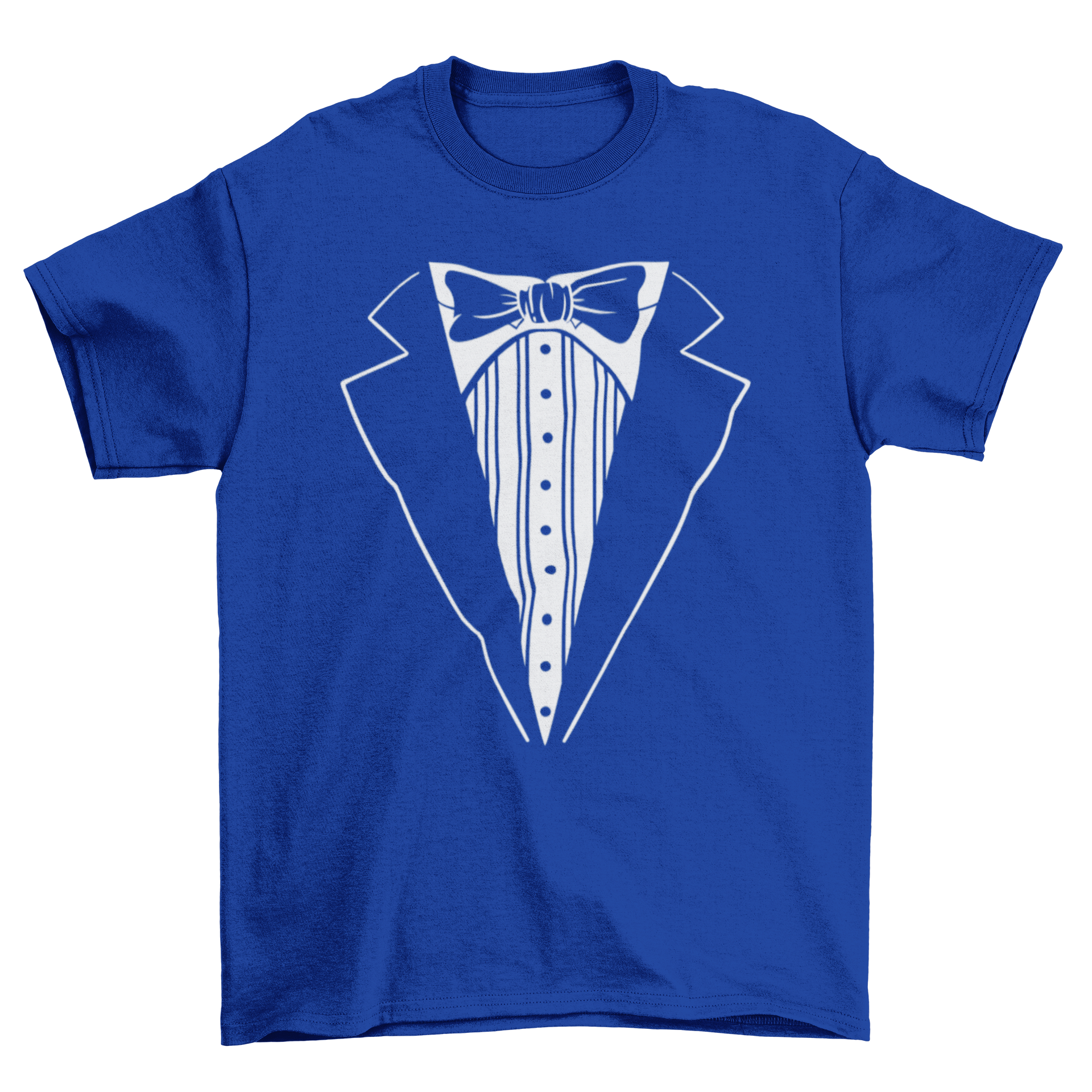 A stylish t-shirt featuring a tuxedo design with a bowtie, perfect for casual events.