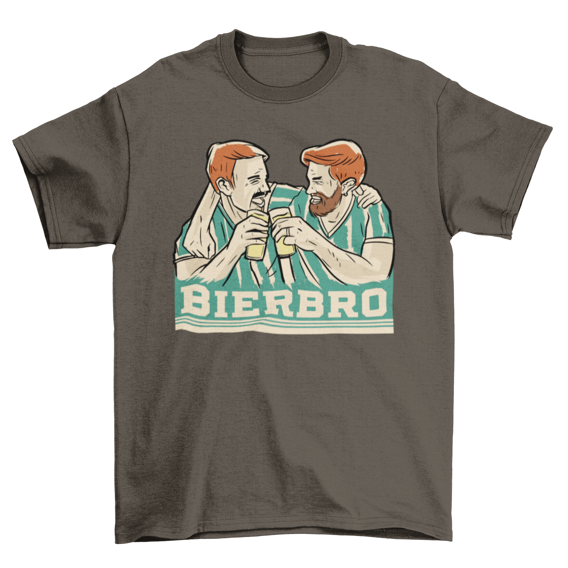 Bierbro t-shirt featuring two young male friends hugging and drinking beers with a fun quote.