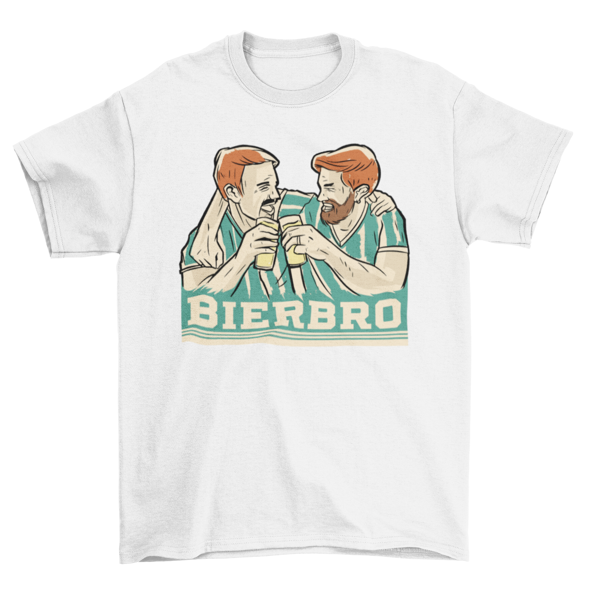 Bierbro t-shirt featuring two young male friends hugging and drinking beers with a fun quote.