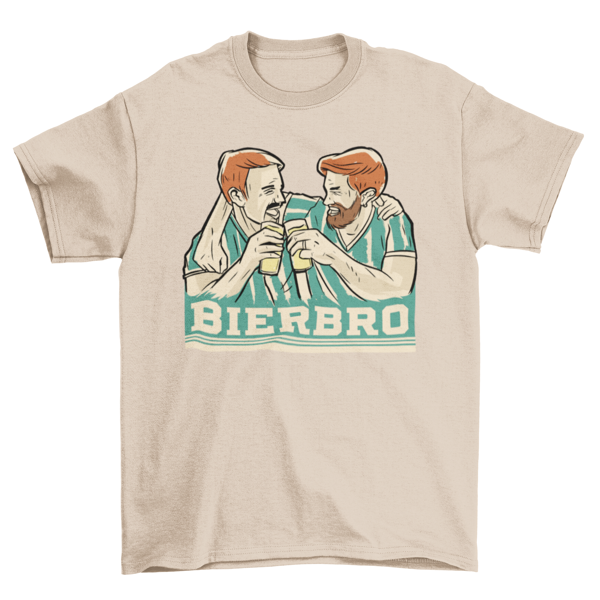 Bierbro t-shirt featuring two young male friends hugging and drinking beers with a fun quote.